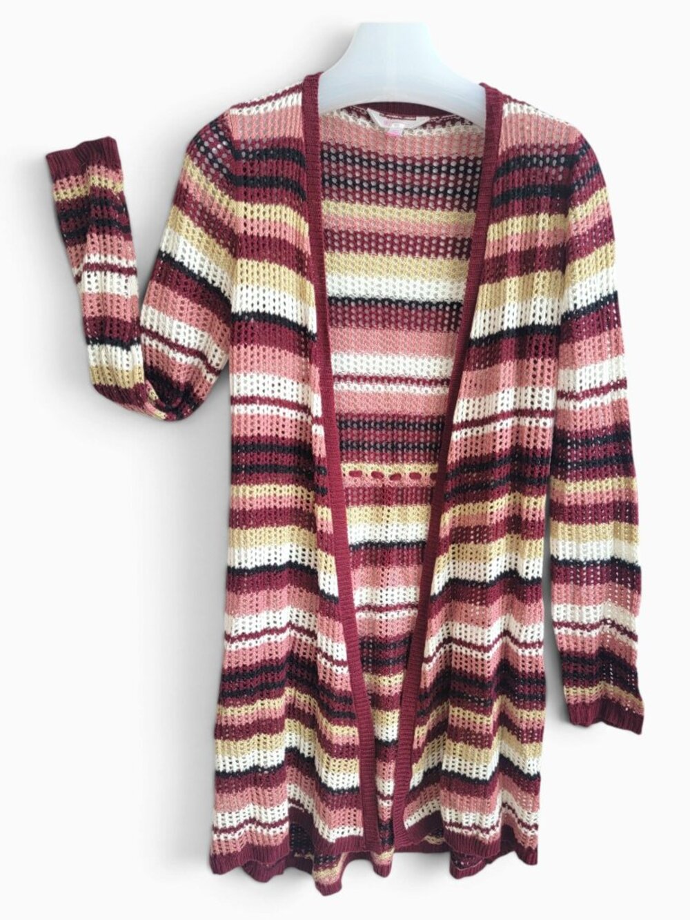 No Boundaries XL 15-17 Striped Open Knit Long Cardigan Duster Boho Crochet Y2K